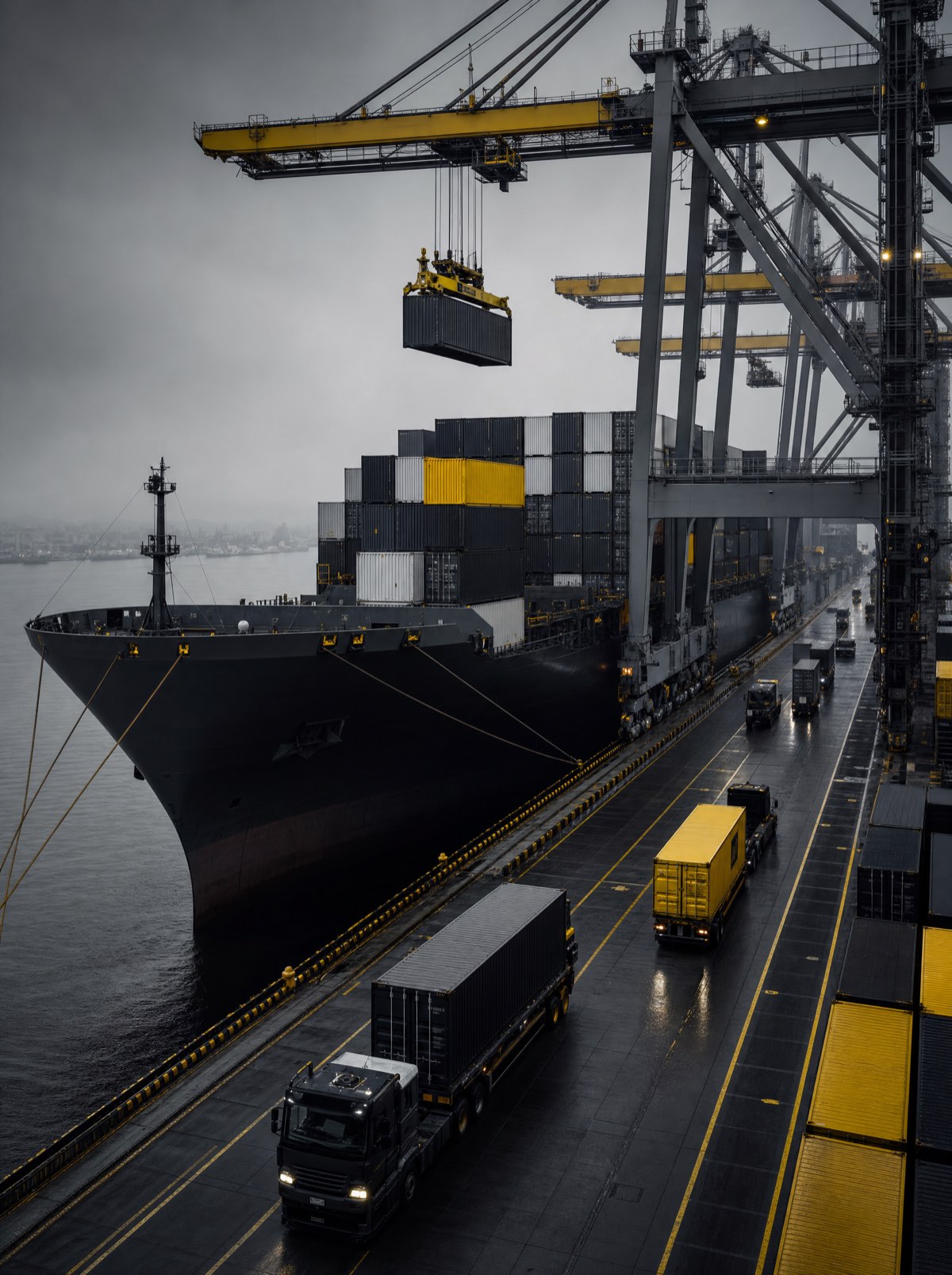 Container ship at the terminal with gantry cranes handling containers