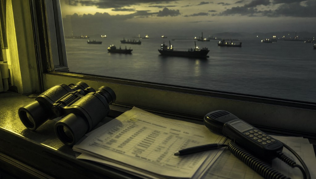 Binoculars, a movement log and a VHF handset on a port control room sill, with ships lying at anchor at dusk