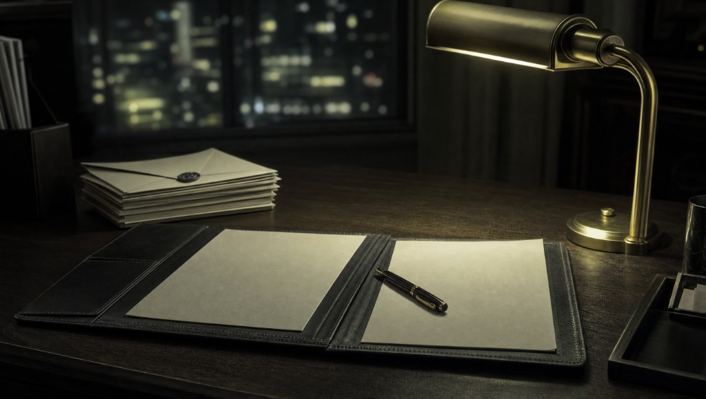 A leather document folder, fountain pen and stack of sealed envelopes on a desk under a brass lamp