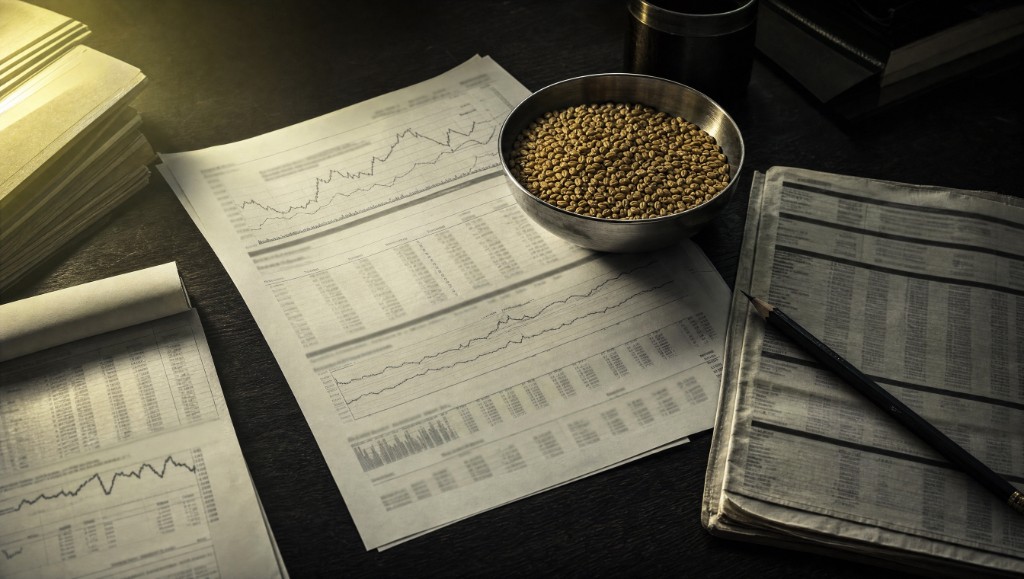 Price charts and a market report spread across a desk beside a bowl of grain