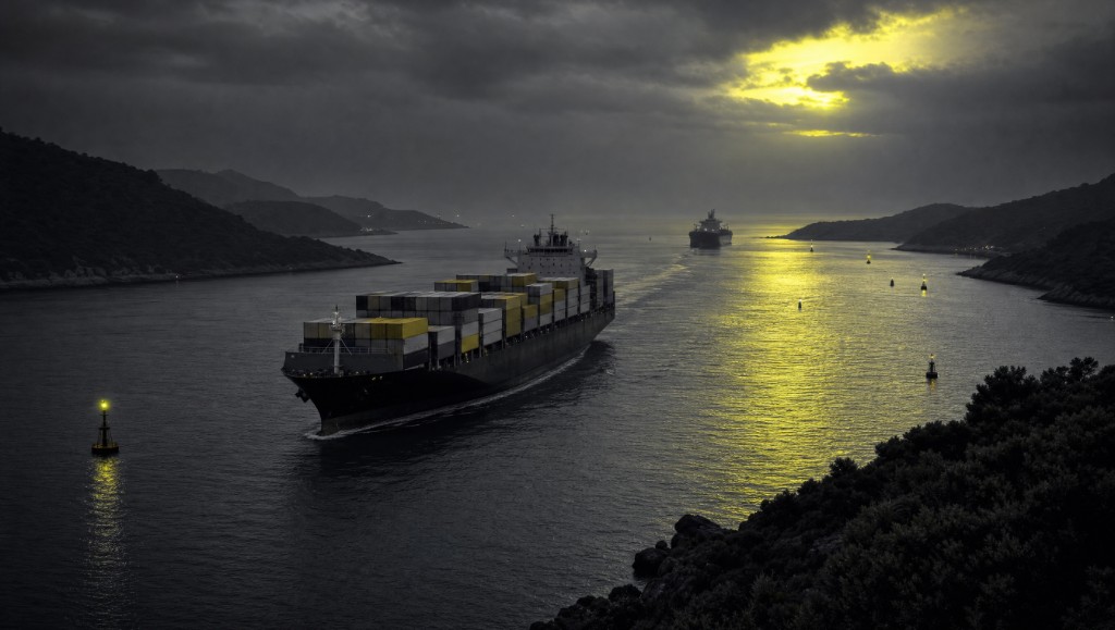 A container ship transiting a narrow buoyed channel as the sun breaks through cloud at dusk