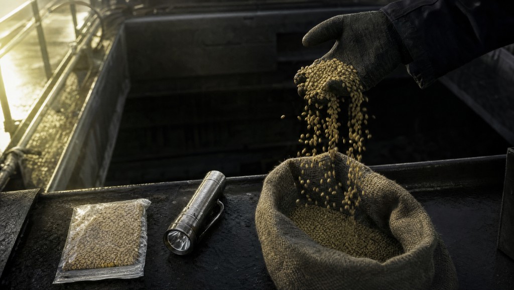 A gloved hand pouring grain into a sample sack beside a sealed sample bag and a torch during loading