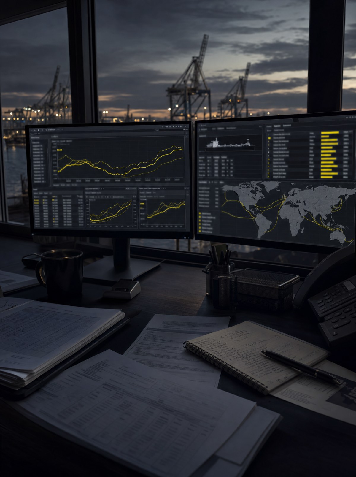 A commodity trading workstation showing market movements and shipping schedules